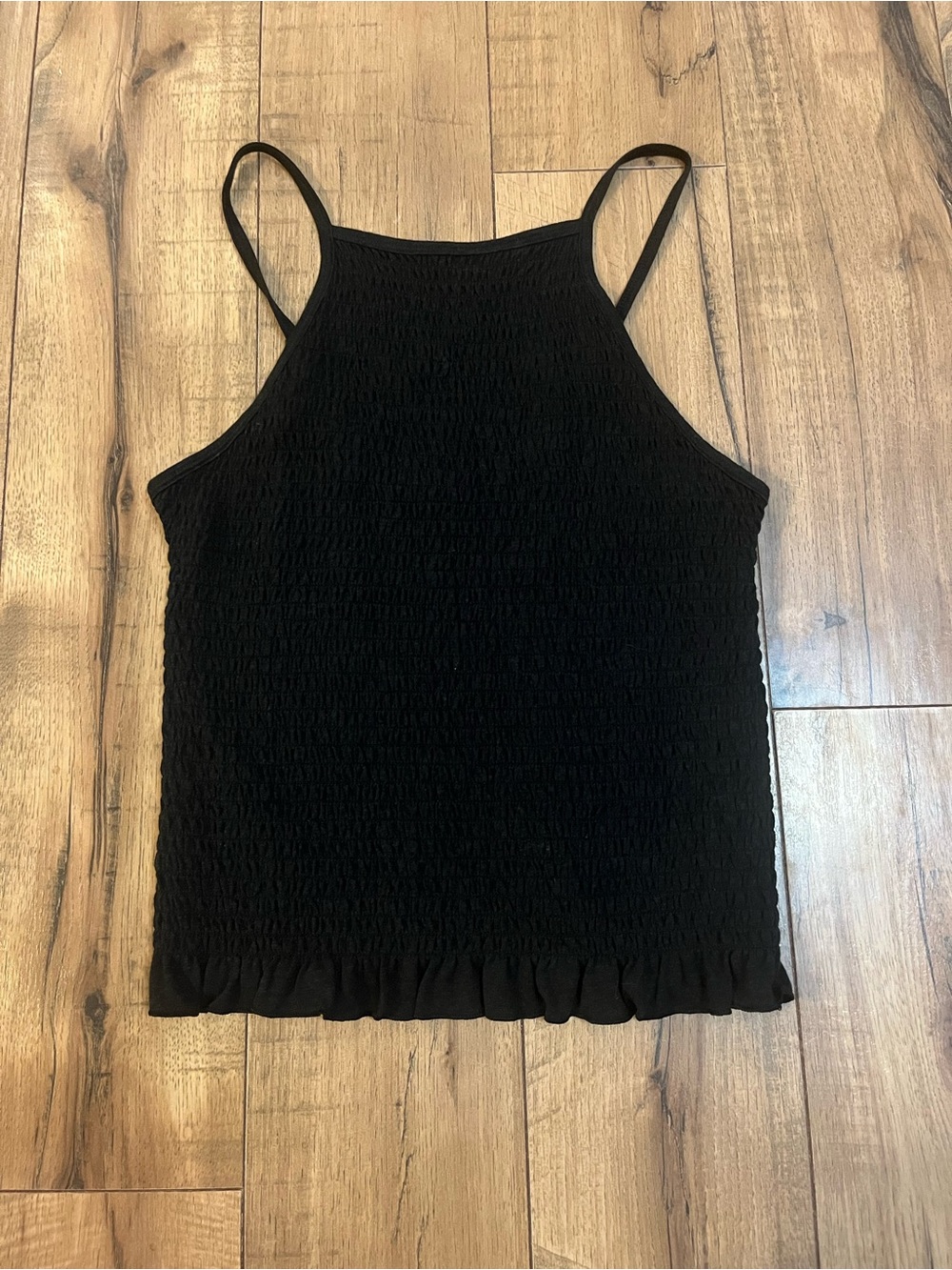 SO Black Smocked Ruffle-Hem Cami